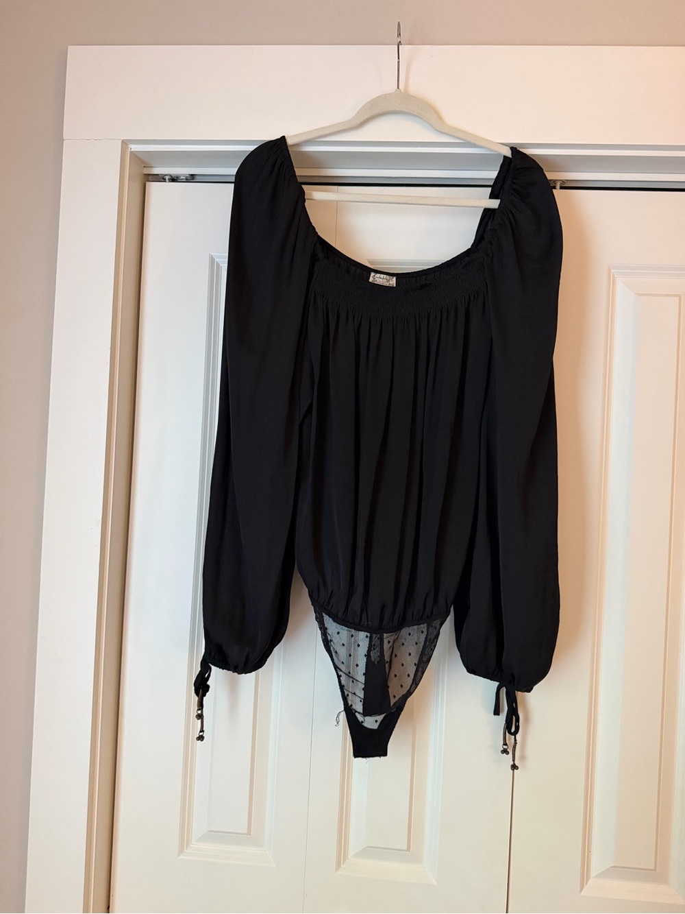 Free People Black Smocked neck Long Sleeve body suit
